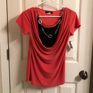 Bright Peach and Black Blouse with Necklace